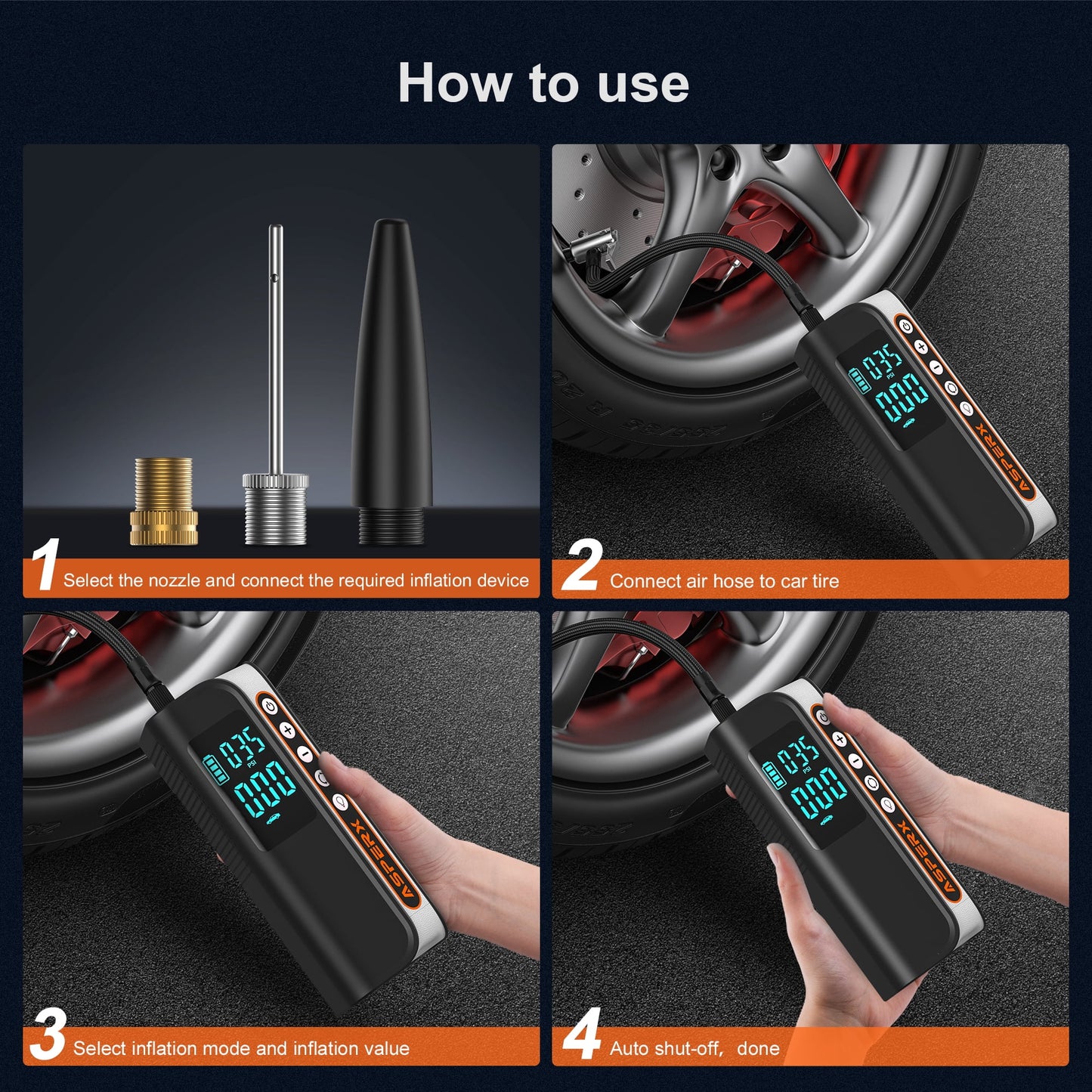 Portable Electric Tire Inflator - 160PSI Car Air Compressor with Pressure Detection, Emergency LED Light, and Automatic Shutoff