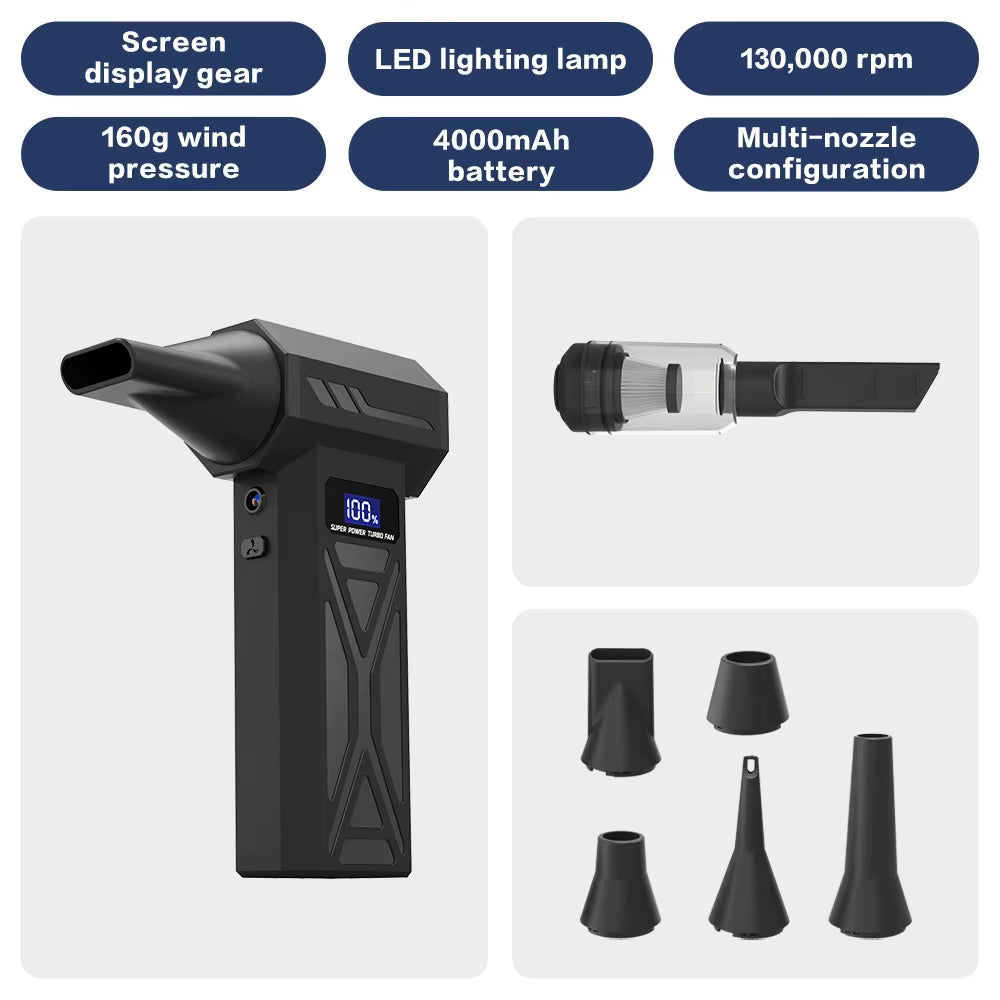 Turbo Fan Wind Pressure Powerful Turbo Air Blower with LED Light Wireless Dust Blower High Speed Jet Blower Vacuum Turbo Jet Fan