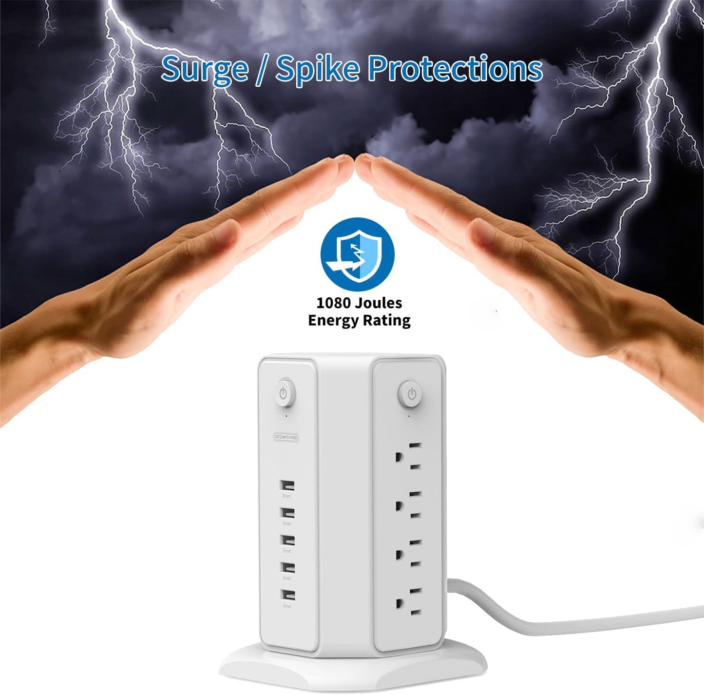 Power Strip Tower Surge Protector, 8 Outlet 5 USB Desktop Charging Station 1625W 13A, 6Ft Extension Cord Flat Plug, Individual Switches, 1080 Joules, Overload Protection for Home Office