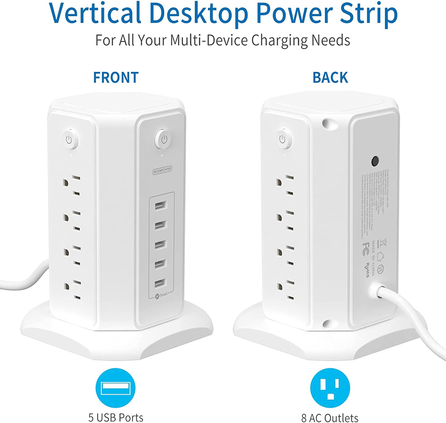 Power Strip Tower Surge Protector, 8 Outlet 5 USB Desktop Charging Station 1625W 13A, 6Ft Extension Cord Flat Plug, Individual Switches, 1080 Joules, Overload Protection for Home Office