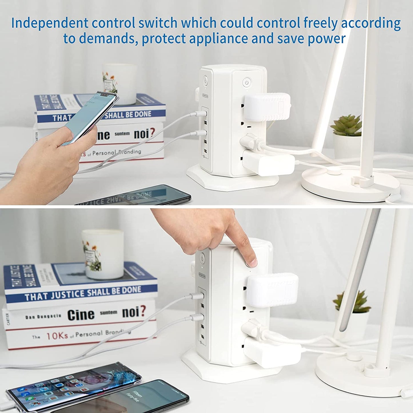 Power Strip Tower Surge Protector, 8 Outlet 5 USB Desktop Charging Station 1625W 13A, 6Ft Extension Cord Flat Plug, Individual Switches, 1080 Joules, Overload Protection for Home Office