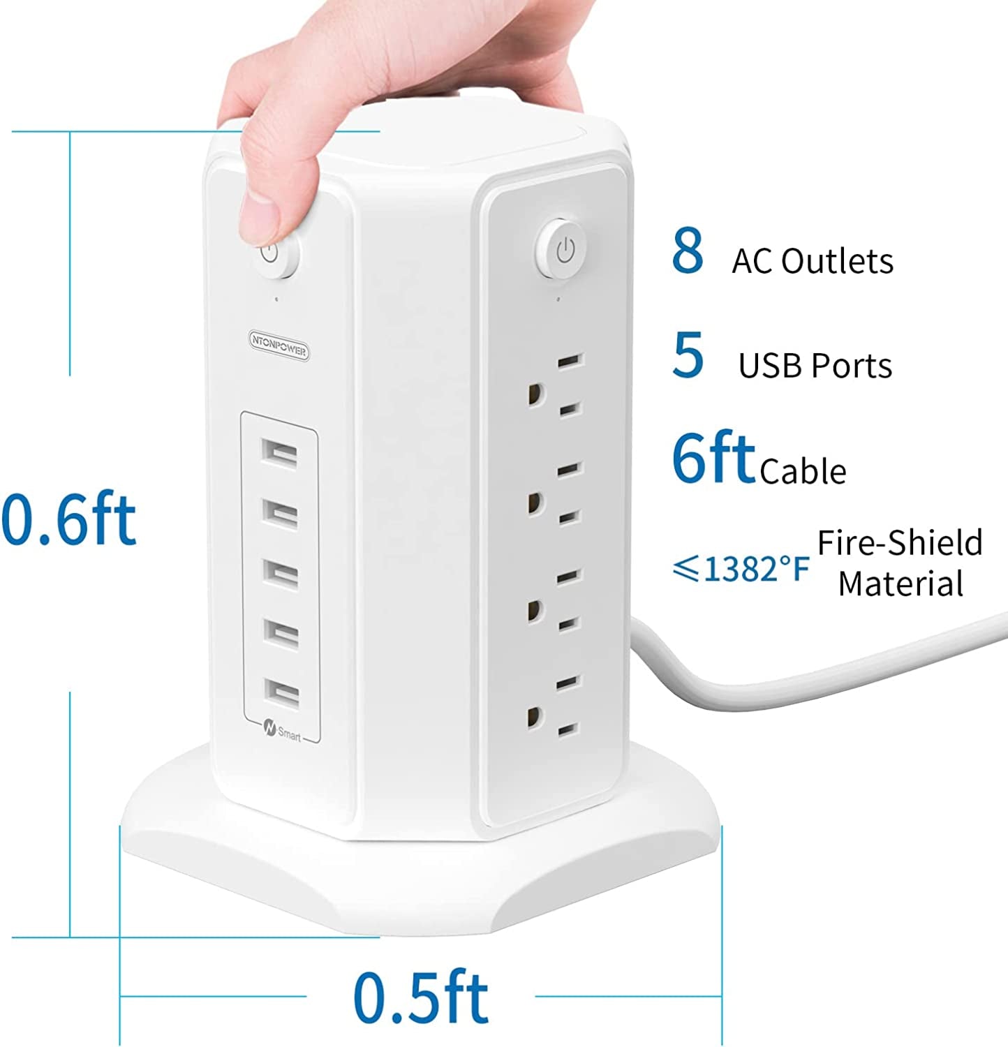 Power Strip Tower Surge Protector, 8 Outlet 5 USB Desktop Charging Station 1625W 13A, 6Ft Extension Cord Flat Plug, Individual Switches, 1080 Joules, Overload Protection for Home Office