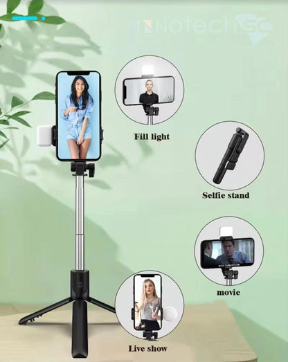 27'' Selfie Stick Tripod with Integrated Light and Wireless Remote, Compatible with iPhone 15 Pro Max/15/14/13 and Samsung Android Smartphones