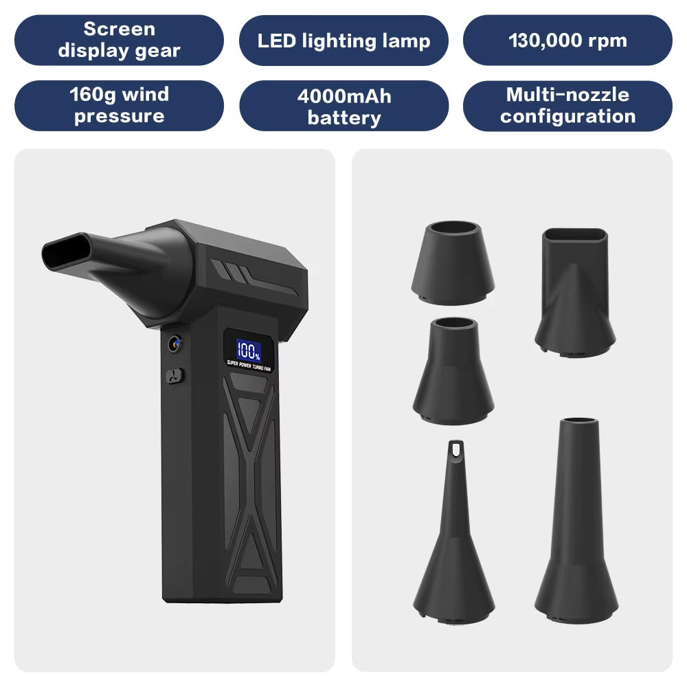 Turbo Fan Wind Pressure Powerful Turbo Air Blower with LED Light Wireless Dust Blower High Speed Jet Blower Vacuum Turbo Jet Fan