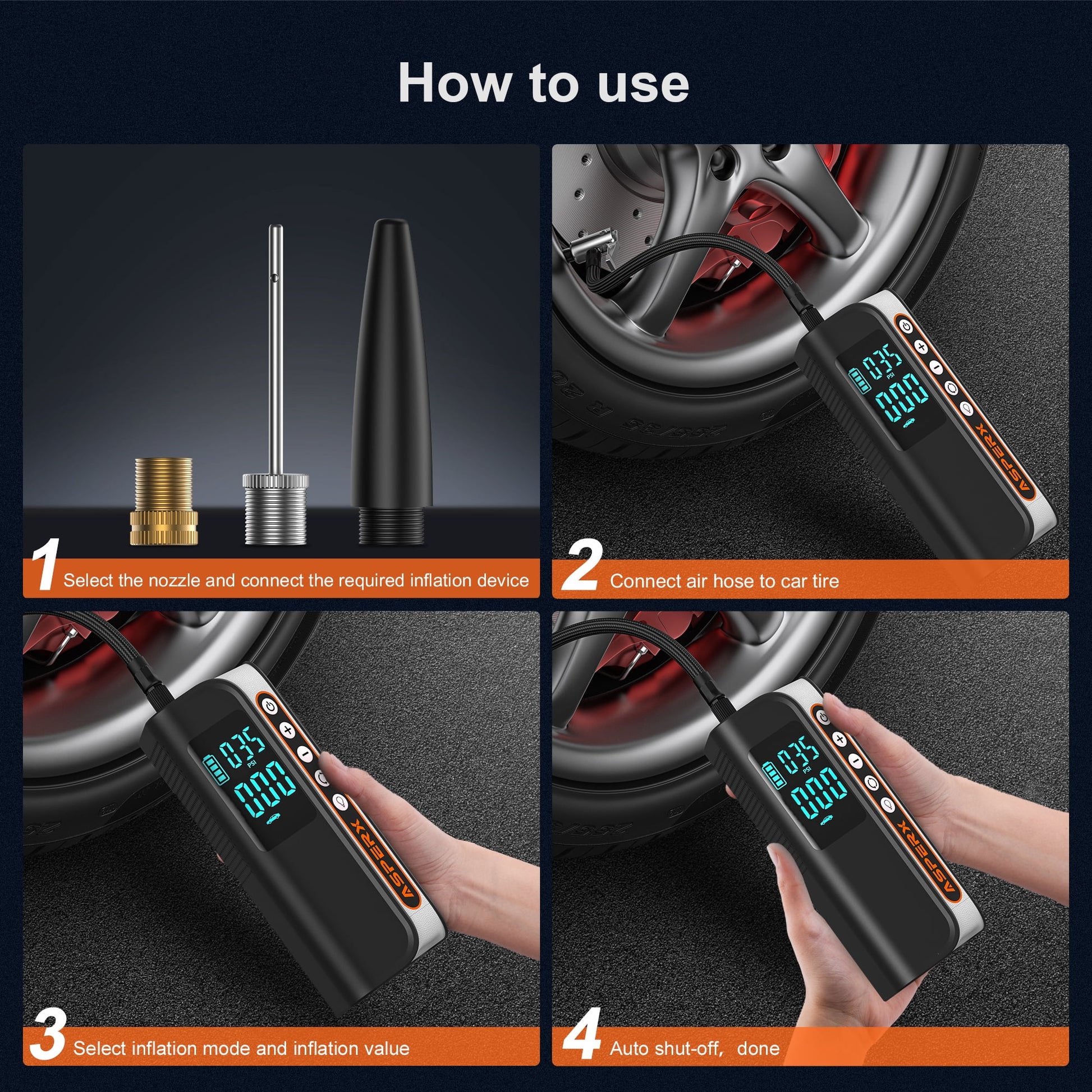 Portable Electric Tire Inflator - 160PSI Car Air Compressor with Pressure Detection, Emergency LED Light, and Automatic Shutoff