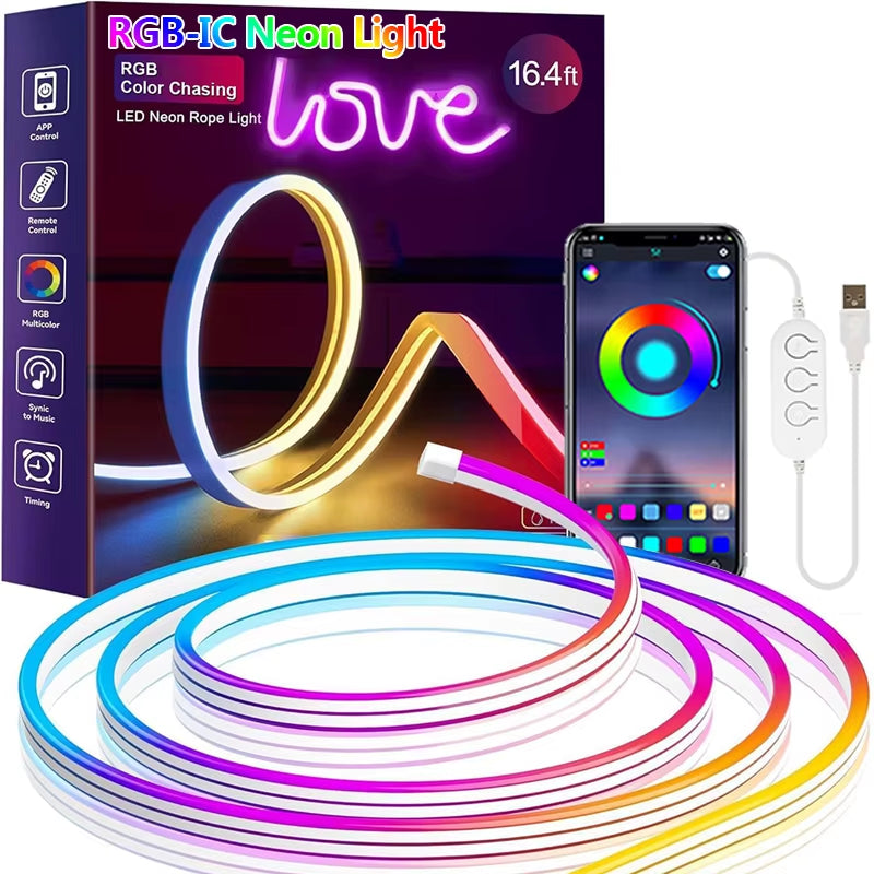 Neon Rope Lights RGB+IC Color Chasing Neon Light Waterproof App Control Music Sync Flexible Neon Strip Room Decor Christmas Gift