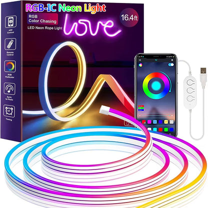 Neon Rope Lights RGB+IC Color Chasing Neon Light Waterproof App Control Music Sync Flexible Neon Strip Room Decor Christmas Gift