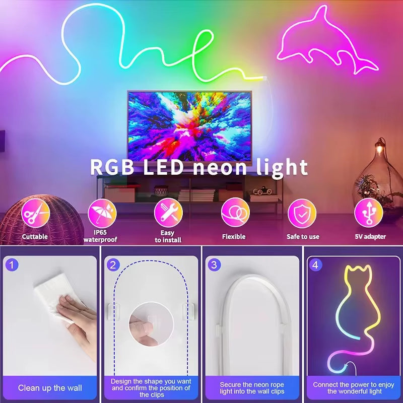 Neon Rope Lights RGB+IC Color Chasing Neon Light Waterproof App Control Music Sync Flexible Neon Strip Room Decor Christmas Gift