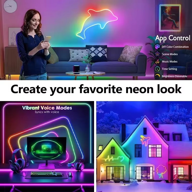 Neon Rope Lights RGB+IC Color Chasing Neon Light Waterproof App Control Music Sync Flexible Neon Strip Room Decor Christmas Gift