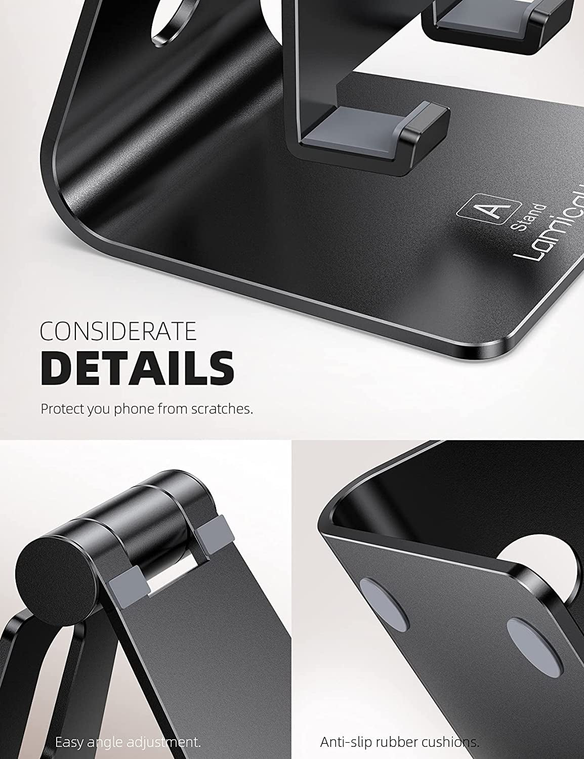 Adjustable Cell Phone Stand, Desk Phone Holder, Cradle, Dock, Compatible with Iphone 17 16 15 14 Air plus Pro Pro Max 13 12 X XS, 4-8" Phones, Office Accessories, All Smartphone, Black