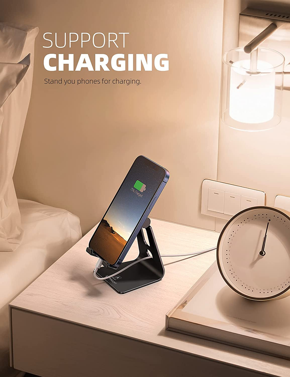 Adjustable Cell Phone Stand, Desk Phone Holder, Cradle, Dock, Compatible with Iphone 17 16 15 14 Air plus Pro Pro Max 13 12 X XS, 4-8" Phones, Office Accessories, All Smartphone, Black