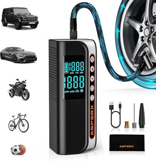 Portable Electric Tire Inflator - 160PSI Car Air Compressor with Pressure Detection, Emergency LED Light, and Automatic Shutoff